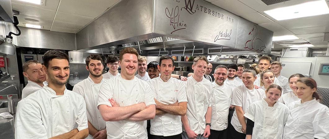 Harry Keen at the Waterside Inn flanked by chef patron Alain Roux and head chef Fabrice Uhryn.