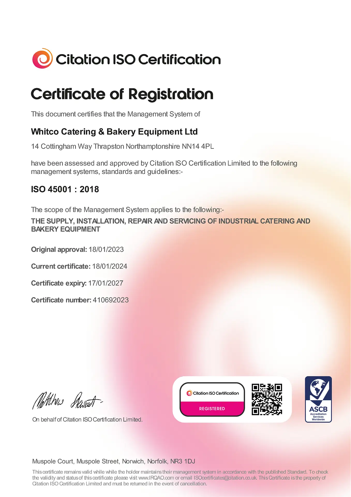 Memberships & Certifications ISO 45001 _ 2018 Certificate 18.01.24 - 17.01.27